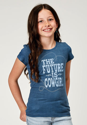 Roper Kids Girls Future is Cowgirl Navy Poly/Cotton S/S Shirt