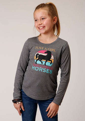 Roper Girls Loves Horses Grey Poly/Rayon L/S T-Shirt