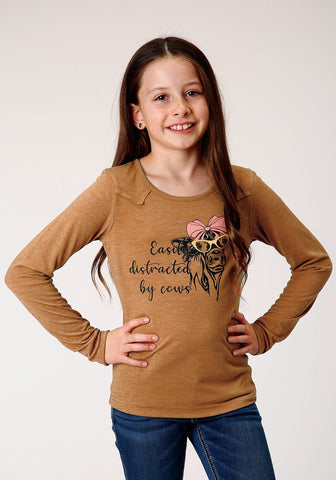 Roper Kids Girls Easily Distracted Brown Poly/Rayon L/S T-Shirt