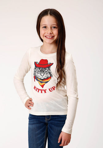 Roper Kids Girls Kitty Up White Poly/Rayon L/S T-Shirt