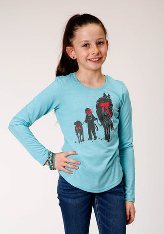 Roper Kids Girls Red Bow Tie Blue Poly/Rayon L/S T-Shirt