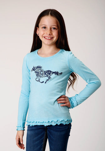 Roper Kids Girls Running Horse Light Blue Poly/Rayon L/S T-Shirt
