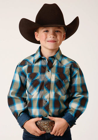 Roper Kids Boys Arrow Plaid Brown 100% Cotton L/S Shirt