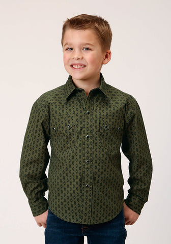 Roper Boys Drybrush Diamonds Green 100% Cotton L/S Shirt