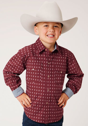 Roper Kids Boys Texture Diamond Print Red 100% Cotton L/S Shirt