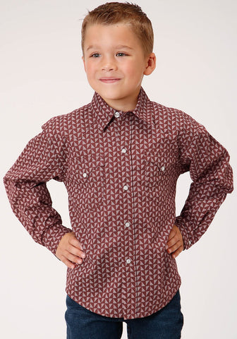 Roper Kids Boys Shadow Geo Red 100% Cotton L/S Shirt