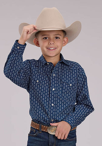 Roper Kids Boys Drybrush Diamonds Blue 100% Cotton L/S Shirt