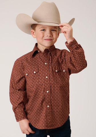 Roper Boys Kids Brown 100% Cotton Arrow Geo L/S Shirt XS