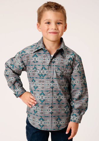 Roper Kids Boys Geometric Aztec Grey 100% Cotton L/S Shirt