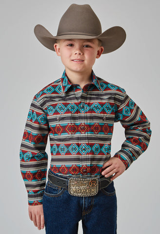 Roper Kids Boys 1898 Aztec Stripe Red 100% Cotton L/S Shirt