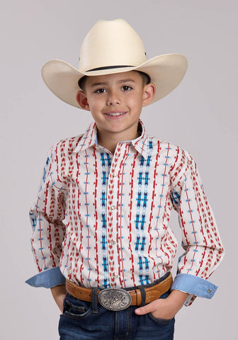 Roper Kids Boys 2829 Vertical Aztec Red/White 100% Cotton L/S Shirt