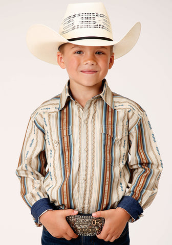 Roper Kids Boys Desert Stripe Brown 100% Cotton L/S Shirt