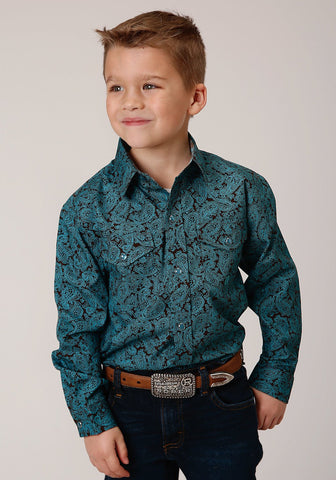 Roper Boys Kids Turquoise 100% Cotton Agave Paisley L/S Shirt XS