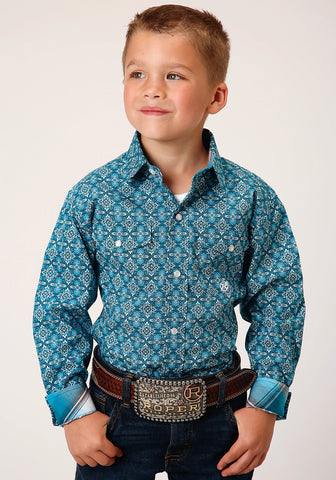 Roper Kids Boys Victorian Foulard Turquoise 100% Cotton L/S Shirt
