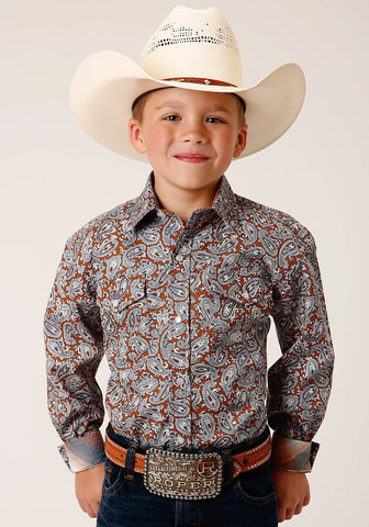 Roper Kids Boys Copper Spring Paisley Orange 100% Cotton L/S Shirt
