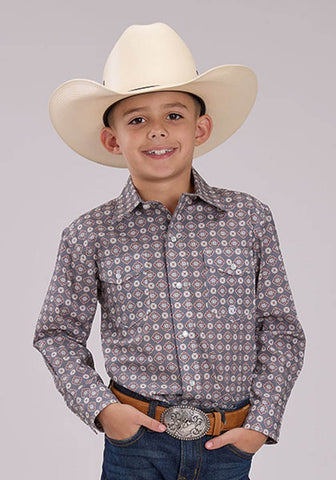 Roper Kids Boys 2501 Medallion Foulard Grey 100% Cotton L/S Shirt