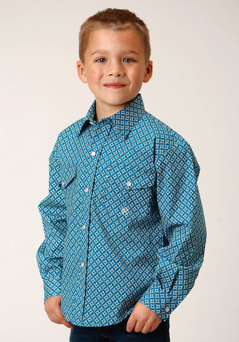Roper Kids Boys Turquoise Diamond Print Blue Cotton Blend L/S Shirt