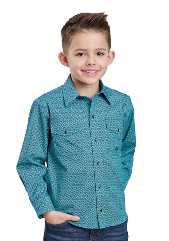 Roper Kids Boys Aztec Diamond Geo Blue 100% Cotton L/S Shirt