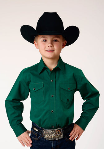 Roper Boys Solid Black Fill Green 100% Cotton L/S Shirt