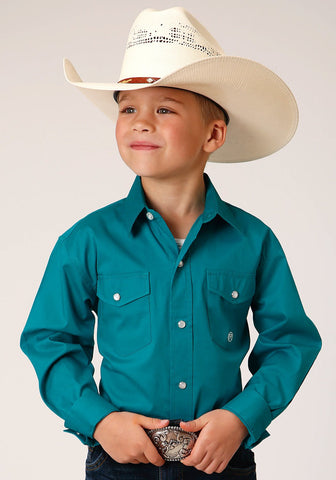 Roper Kids Boys Poplin Stretch Turquoise Cotton Blend L/S Shirt XS