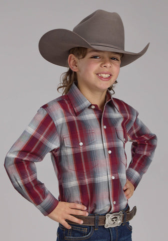 Roper Kids Boys 2248 Plaid Wine/Smoke 100% Cotton L/S Shirt