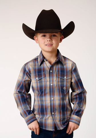 Roper Boys Ranch Plaid Brown 100% Cotton L/S Shirt