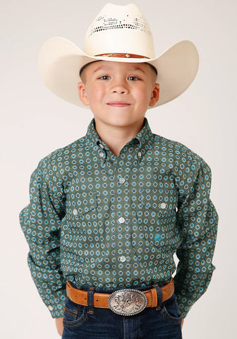 Roper Kids Boys Olive Foulard Green 100% Cotton L/S Shirt