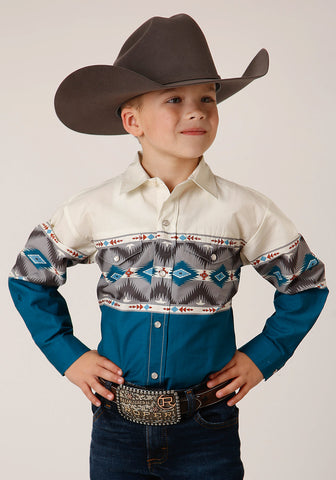 Roper Boys Sawtooth Border Blue 100% Cotton L/S Shirt
