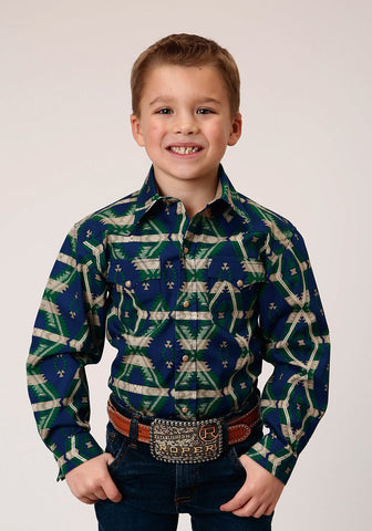 Roper Boys Aztec Allover Blue 100% Cotton L/S Shirt