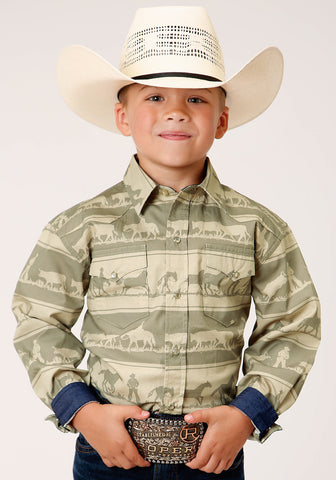 Roper Kids Boys Cowboy Rugby Brown 100% Cotton L/S Shirt