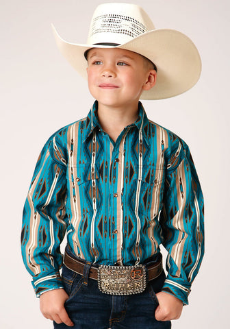 Roper Kids Boys Aztec Stripe Green 100% Cotton L/S Shirt