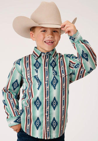 Roper Kids Boys Verde Stripe Blue 100% Cotton L/S Shirt