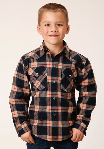 Roper Boys Unlined Plaid Navy/Tan 100% Cotton L/S Shirt