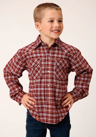 Roper Boys Unlined Plaid Wine 100% Cotton L/S Shirt