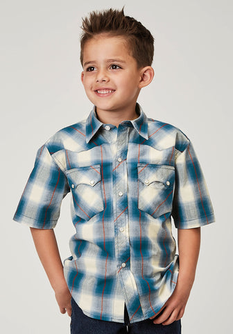 Roper Kids Boys 1892 Arrow Dobby Blue 100% Cotton S/S Shirt