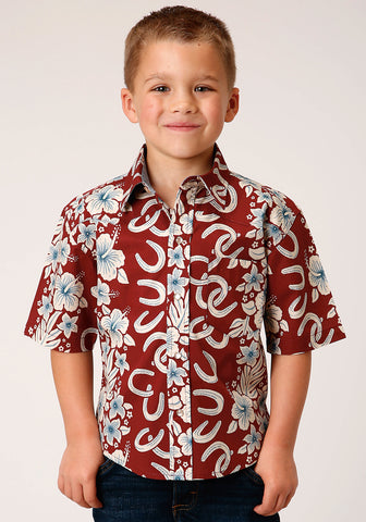 Roper Kids Boys 1480 Hawaiian Horseshoes Red 100% Cotton S/S Shirt