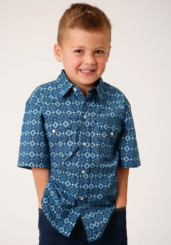 Roper Kids Boys 1486 Mini Aztec Blue 100% Cotton S/S Shirt
