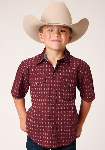 Roper Kids Boys 1488 Texture Diamond Red 100% Cotton S/S Shirt