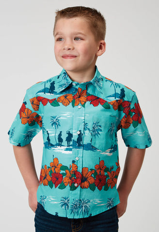 Roper Kids Boys 1900 Hawaiian Blue 100% Cotton S/S Shirt