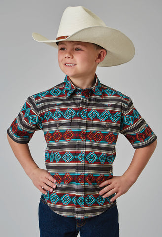 Roper Kids Boys 1898 Aztec Stripe Red 100% Cotton S/S Shirt