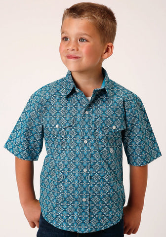 Roper Kids Boys Victorian Foulard Blue 100% Cotton S/S Shirt