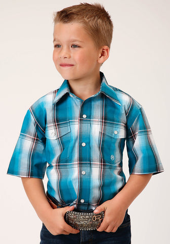 Roper Kids Boys 1454 Deep Pool Ombre Turquoise 100% Cotton S/S Shirt