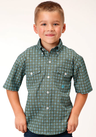 Roper Kids Boys 1562 Olive Foulard Green 100% Cotton Btn S/S Shirt