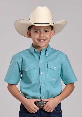 Roper Kids Boys Stretch Minicheck Turquoise Cotton Blend Btn S/S Shirt