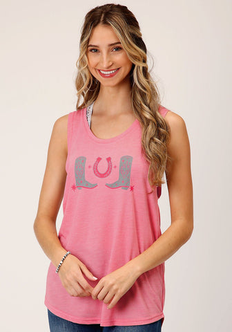 Roper Womens Horseshoes and Boots Pink Poly/Rayon S/L Tank Top
