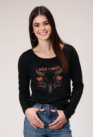 Roper Womens Wild West Longhorn Black 100% Cotton L/S T-Shirt