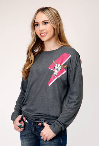 Roper Womens Longhorn Lightning Grey Poly/Rayon L/S T-Shirt