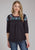 Roper Womens Turquoise Flowers Black 100% Cotton 3/4 Sleeve S/S Blouse