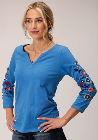 Roper Womens Multi-Color Floral Blue 100% Cotton 3/4 Sleeve S/S Tunic