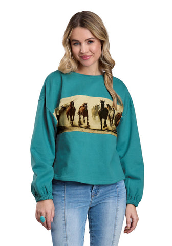 Roper Womens 2633 Running Horses Teal 100% Cotton Sweatshirt